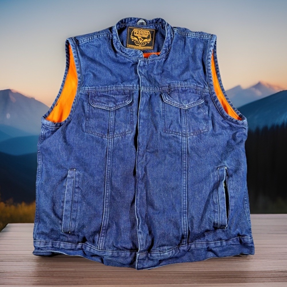 Milwaukee Leather Denim Vest‎ Mens 2XL Snap Zip Concealed Carry Pocket Biker